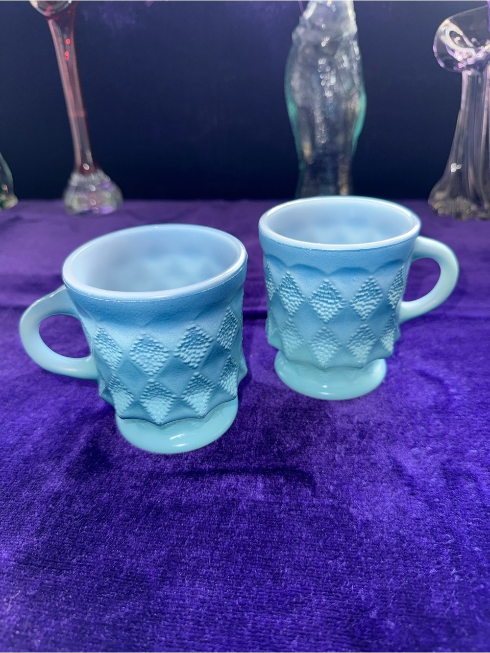 2 vintage Anchor Hocking Fire King mugs in the blue Kimberly diamond pattern